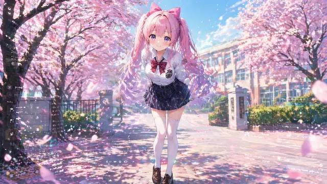 樱花树下害羞双马尾少女