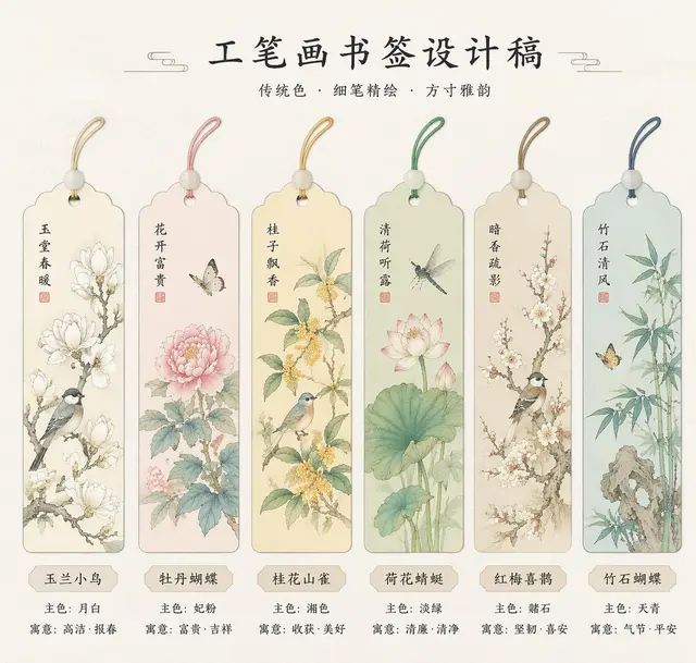 绝美国风工笔画书签设计