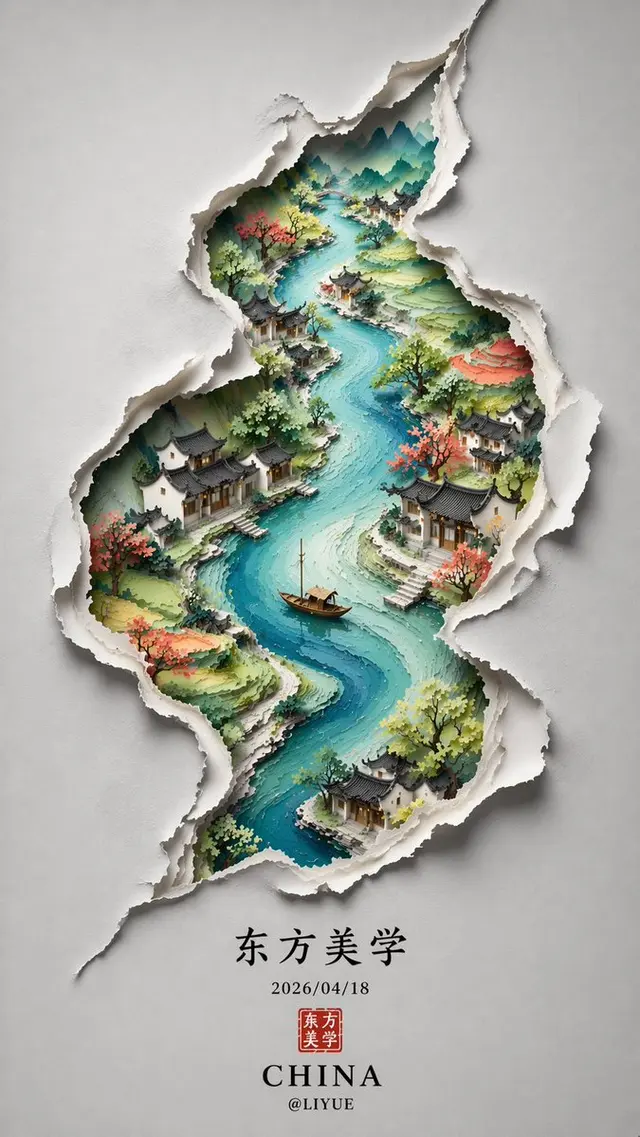 裂痕里的水墨东方山水画卷