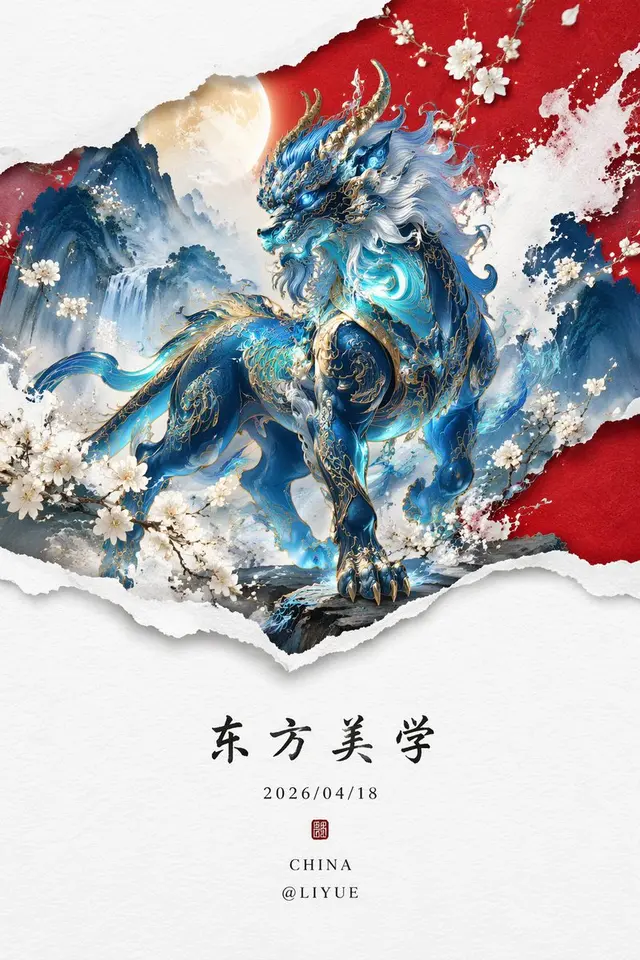 荧光蓝穷奇新中式山水画